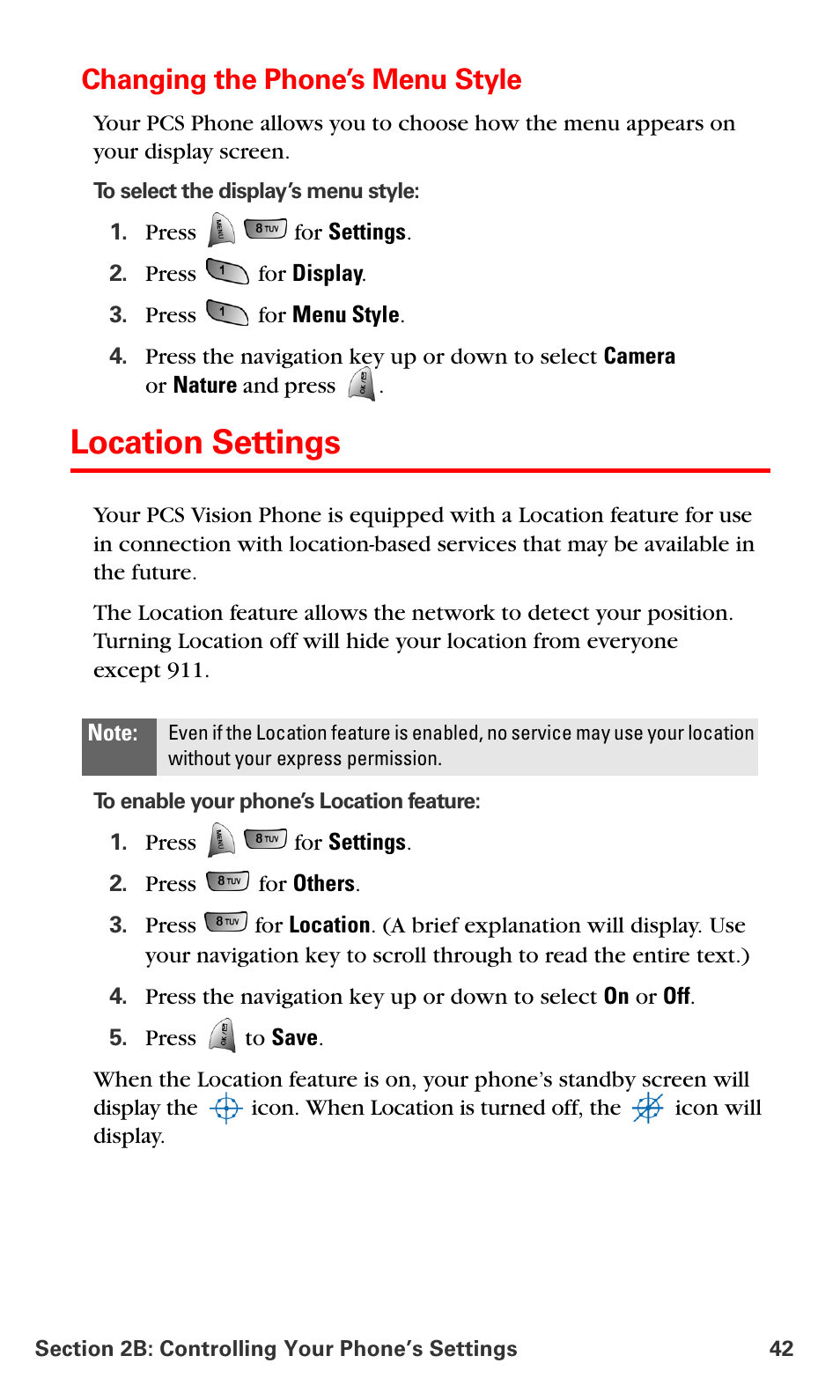 Changing the phone’s menu style, Location settings | Samsung VM-A680 User Manual | Page 50 / 224