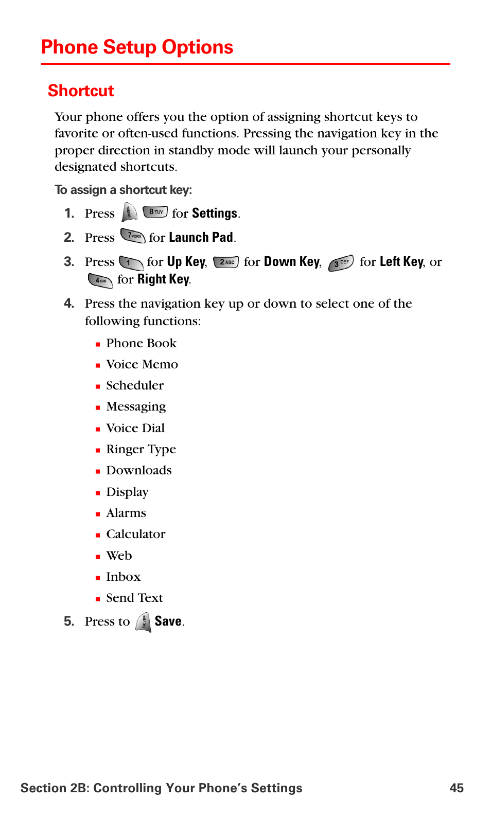 Phone setup options, Shortcut | Samsung VM-A680 User Manual | Page 53 / 224