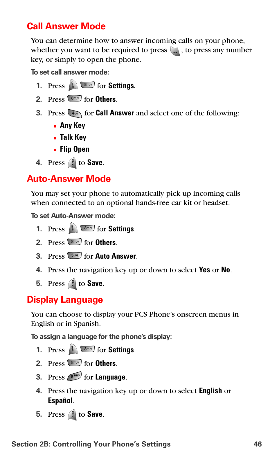 Call answer mode, Auto-answer mode, Display language | Samsung VM-A680 User Manual | Page 54 / 224