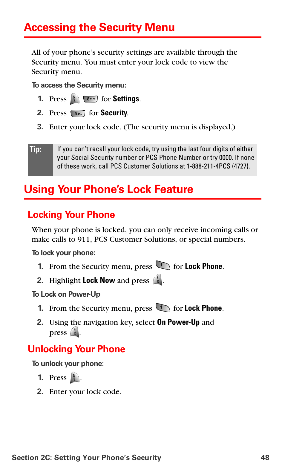 Accessing the security menu, Using your phone’s lock feature, Locking your phone | Unlocking your phone | Samsung VM-A680 User Manual | Page 56 / 224