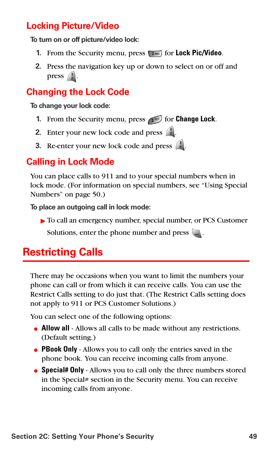 Locking picture/video, Changing the lock code, Calling in lock mode | Restricting calls | Samsung VM-A680 User Manual | Page 57 / 224
