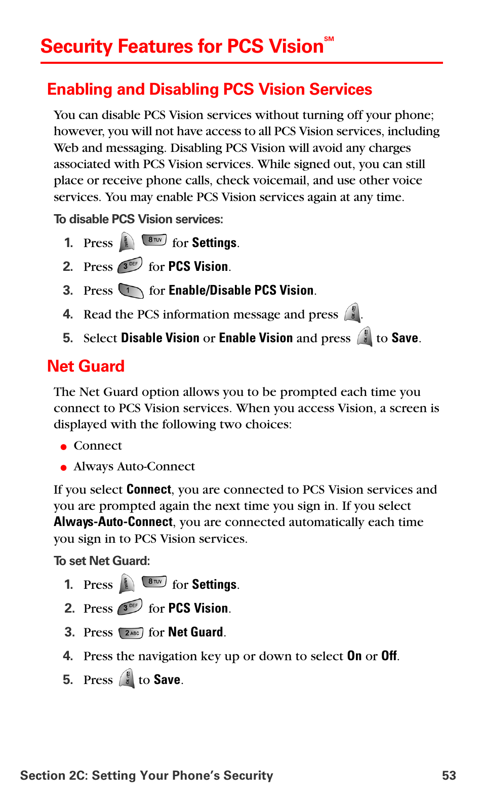 Security features for pcs visionsm, Enabling and disabling pcs vision services, Net guard | Security features for pcs vision | Samsung VM-A680 User Manual | Page 61 / 224