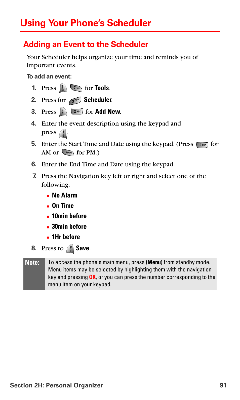 Using your phone’s scheduler, Adding an event to the scheduler | Samsung VM-A680 User Manual | Page 99 / 224