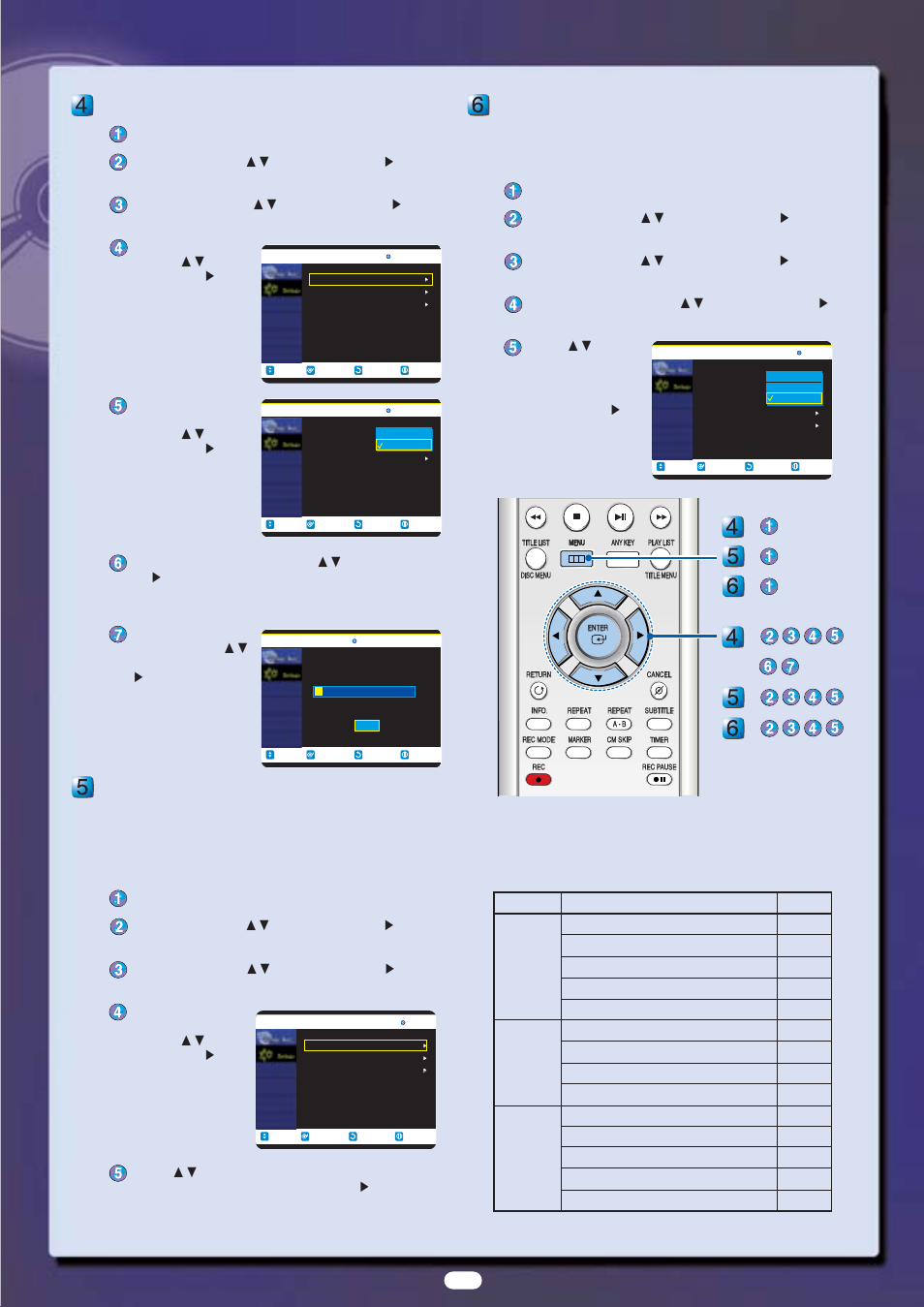 Channel set, Audio setup, Video setup | Samsung DVD Recorder User Manual | Page 4 / 6