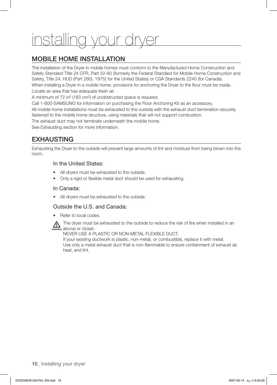 Installing your dryer, Mobile home installation, Exhausting | Samsung DV203 User Manual | Page 10 / 32