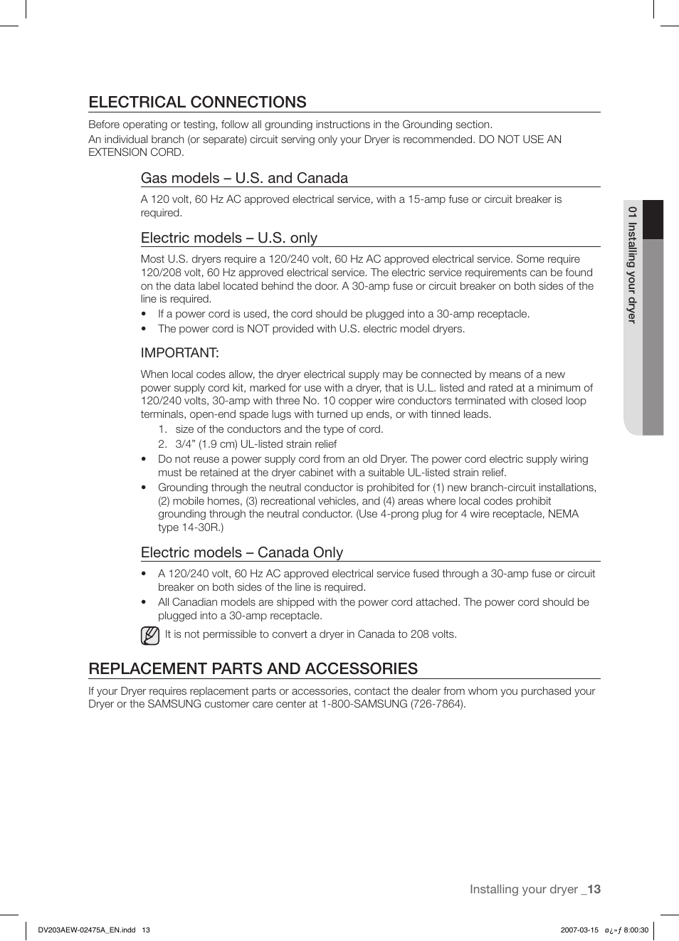 Electrical connections, Replacement parts and accessories, Gas models – u.s. and canada | Electric models – u.s. only, Electric models – canada only | Samsung DV203 User Manual | Page 13 / 32