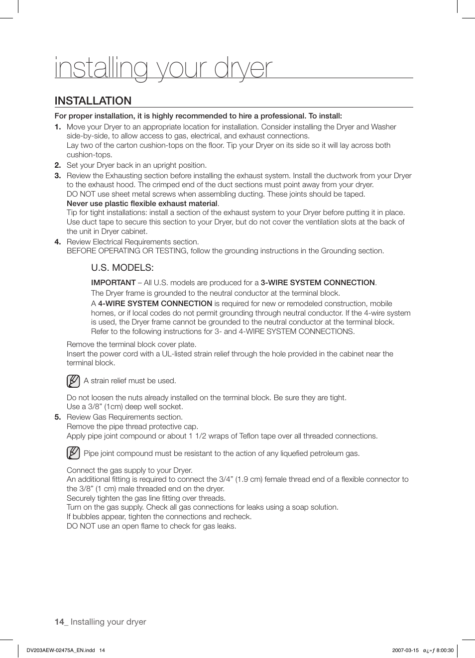 Installing your dryer, Installation | Samsung DV203 User Manual | Page 14 / 32