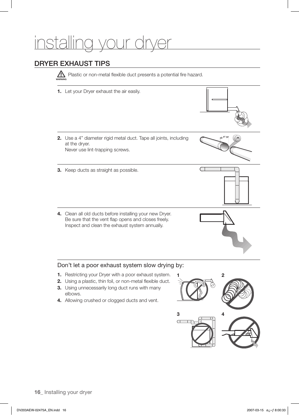 Installing your dryer, Dryer exhaust tips | Samsung DV203 User Manual | Page 16 / 32