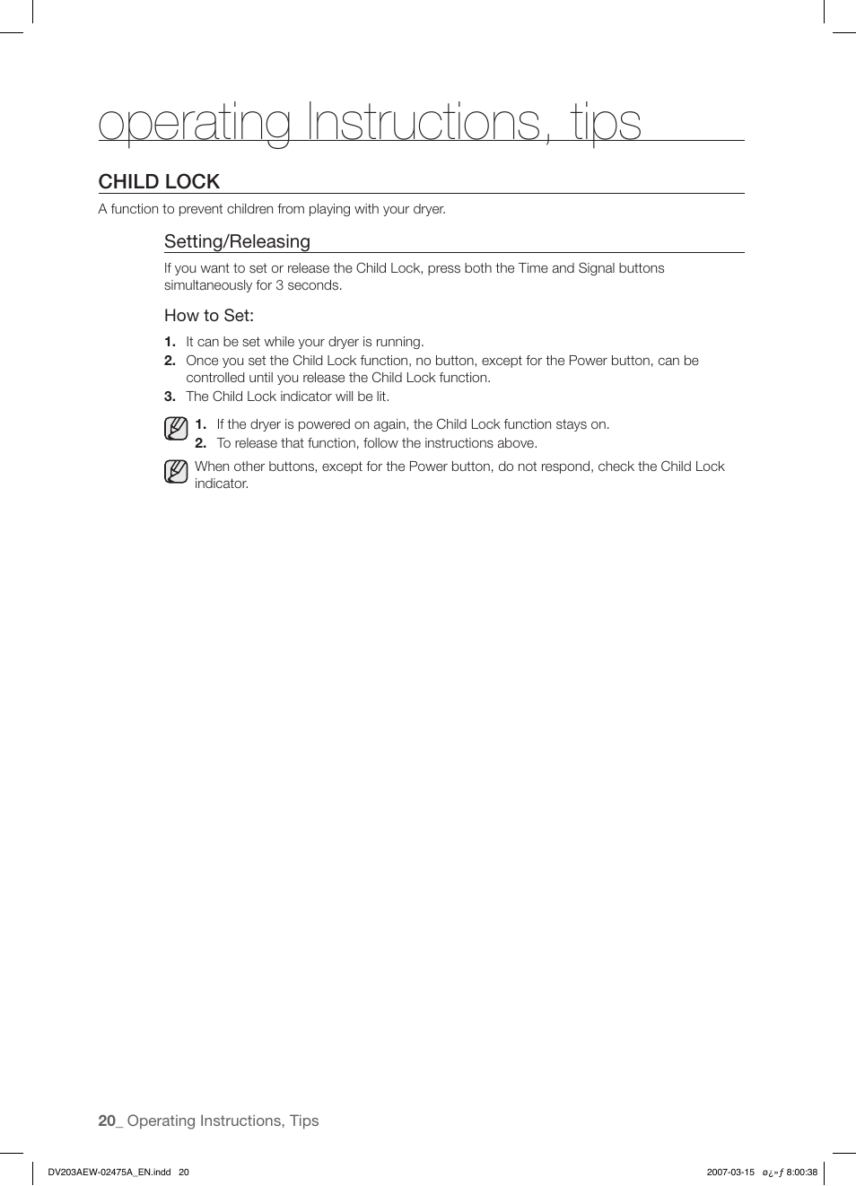 Operating instructions, tips, Child lock | Samsung DV203 User Manual | Page 20 / 32
