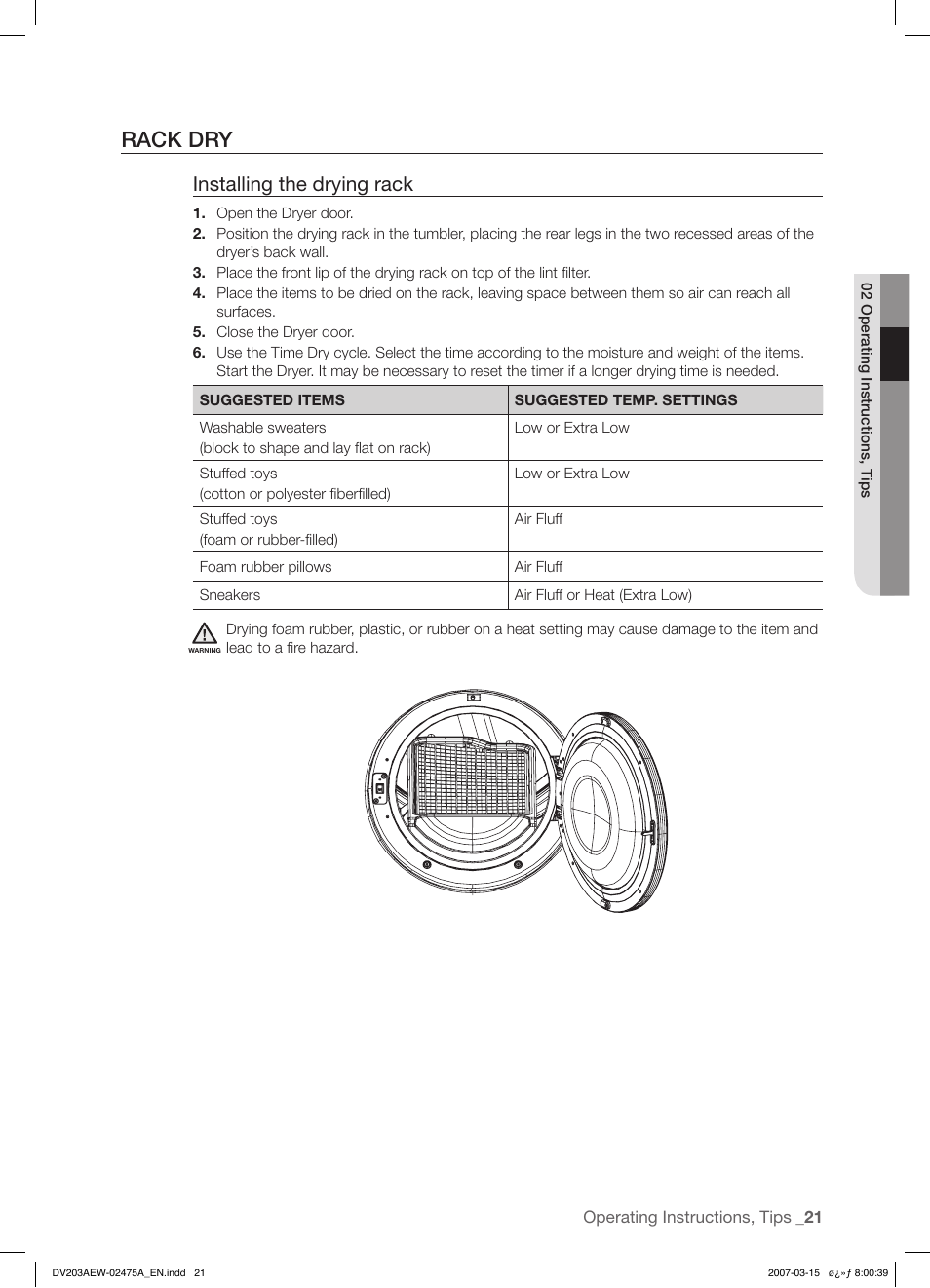 Rack dry, Installing the drying rack | Samsung DV203 User Manual | Page 21 / 32