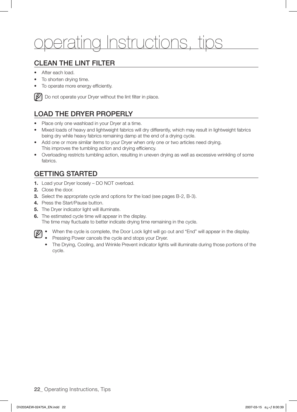Operating instructions, tips, Clean the lint filter, Load the dryer properly | Getting started | Samsung DV203 User Manual | Page 22 / 32