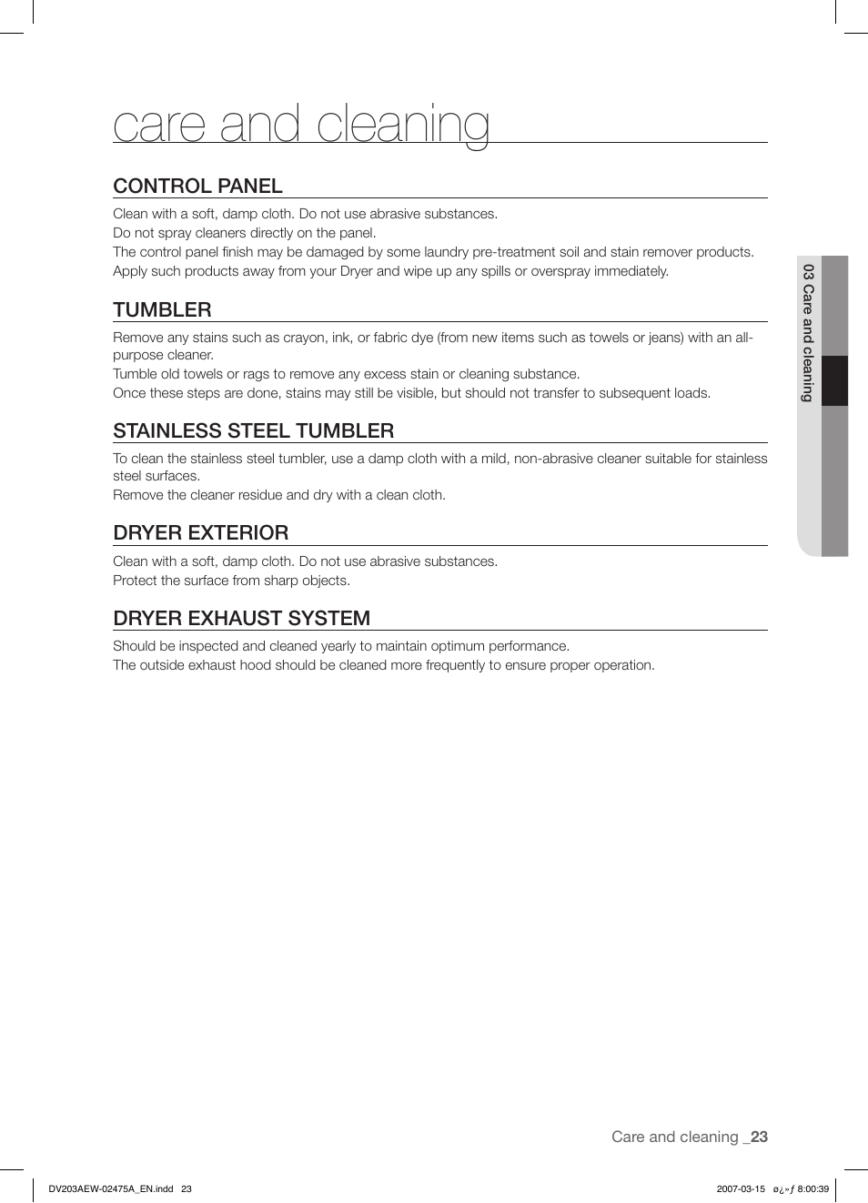 Care and cleaning | Samsung DV203 User Manual | Page 23 / 32