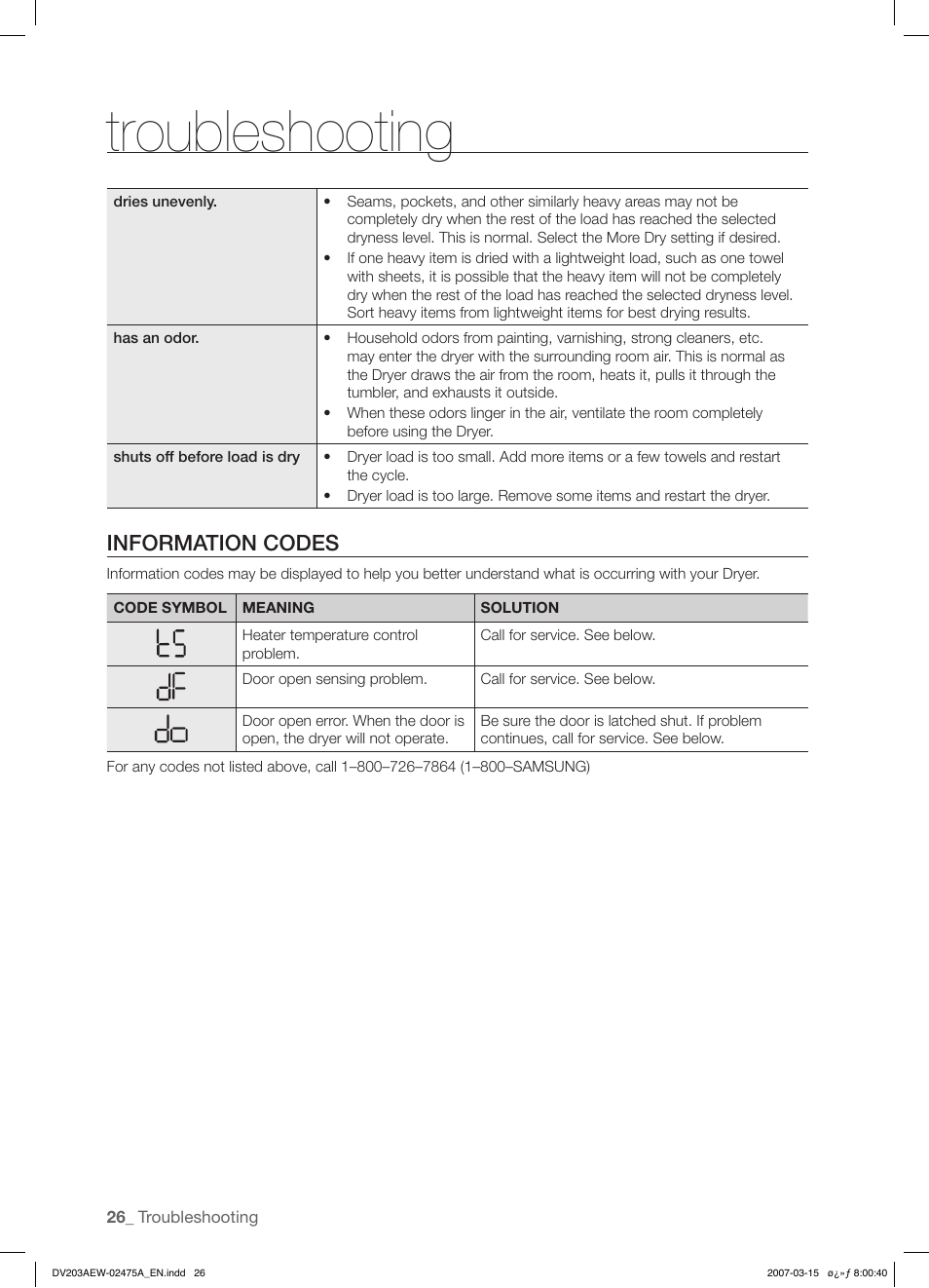 Troubleshooting, Information codes | Samsung DV203 User Manual | Page 26 / 32