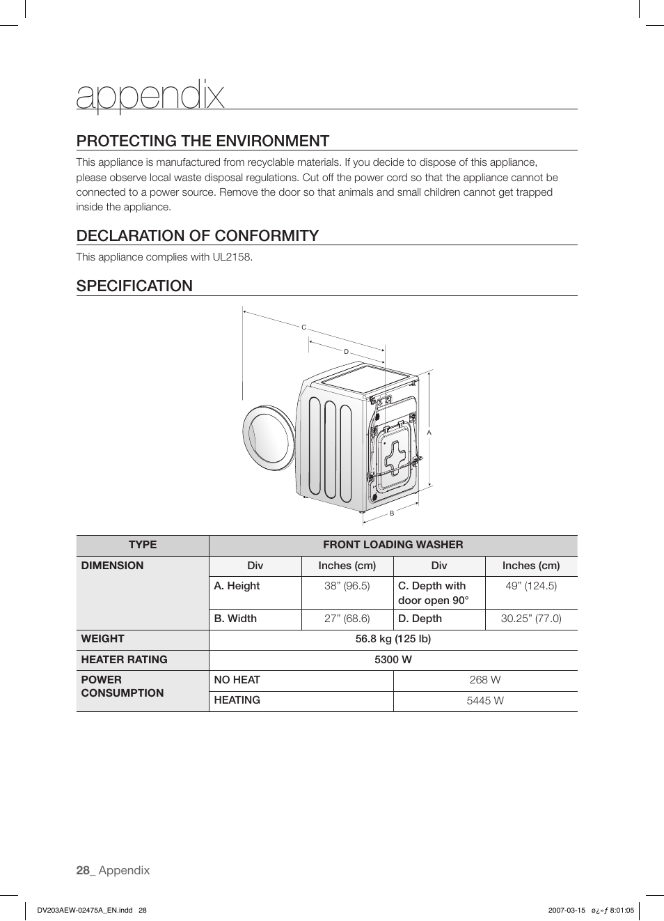 Appendix, Protecting the environment, Declaration of conformity | Specification | Samsung DV203 User Manual | Page 28 / 32