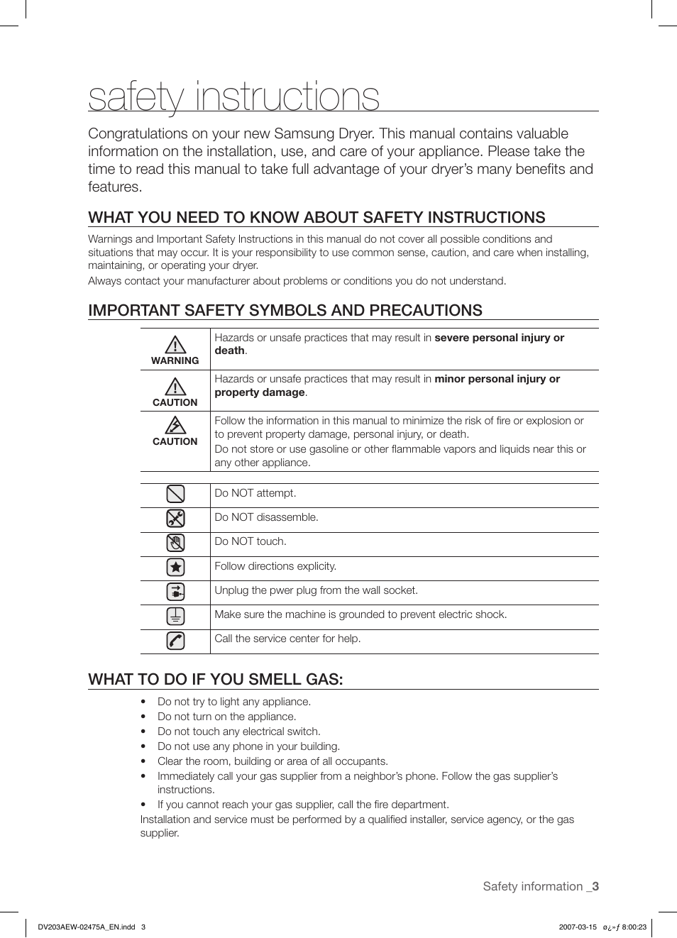 Safety instructions, What you need to know about safety instructions, Important safety symbols and precautions | What to do if you smell gas | Samsung DV203 User Manual | Page 3 / 32