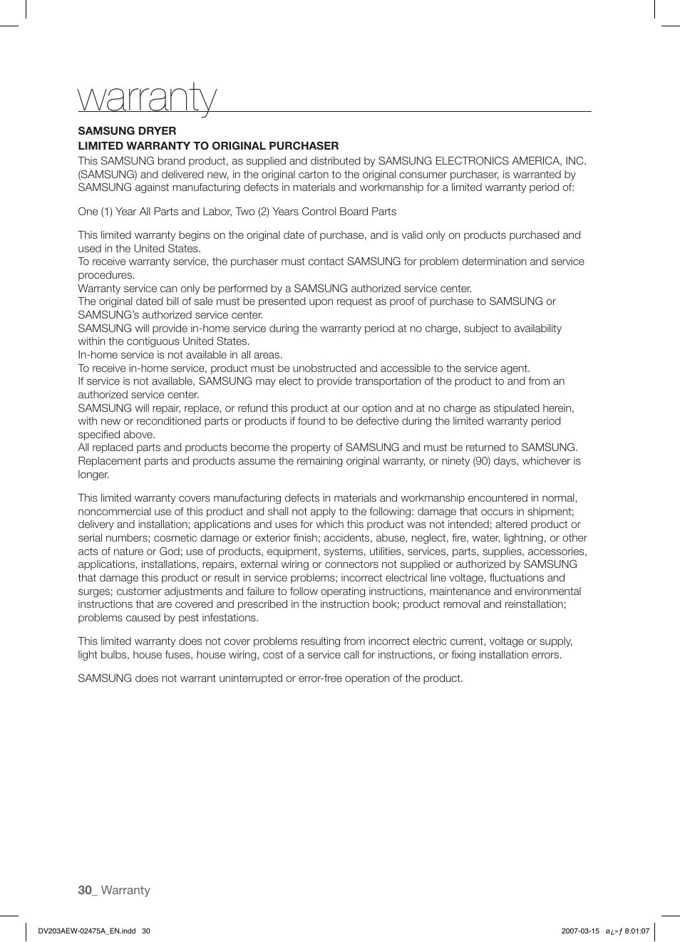 Warranty | Samsung DV203 User Manual | Page 30 / 32