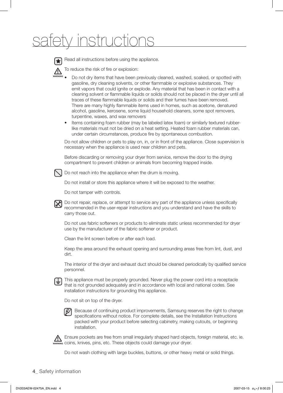 Safety instructions | Samsung DV203 User Manual | Page 4 / 32
