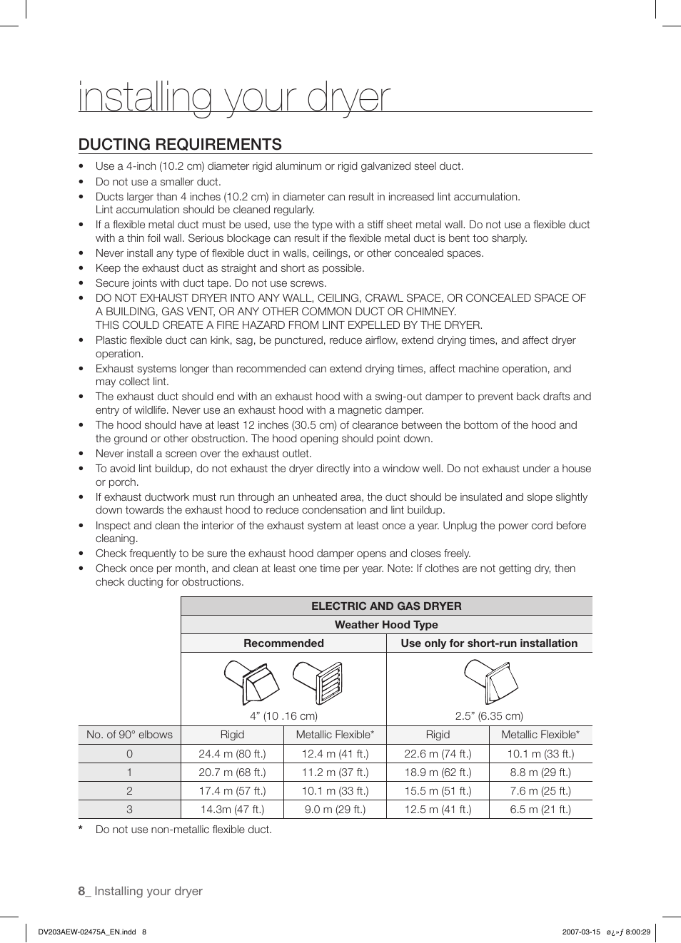 Installing your dryer, Ducting requirements | Samsung DV203 User Manual | Page 8 / 32