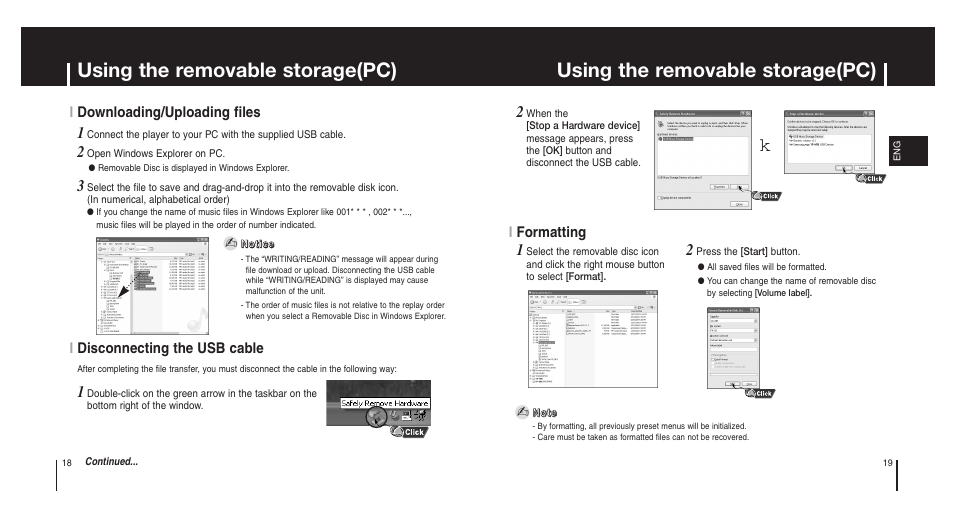 Using the removable storage(pc), Idownloading/uploading files i formatting, Idisconnecting the usb cable | Samsung Model YP-MT6X User Manual | Page 10 / 25