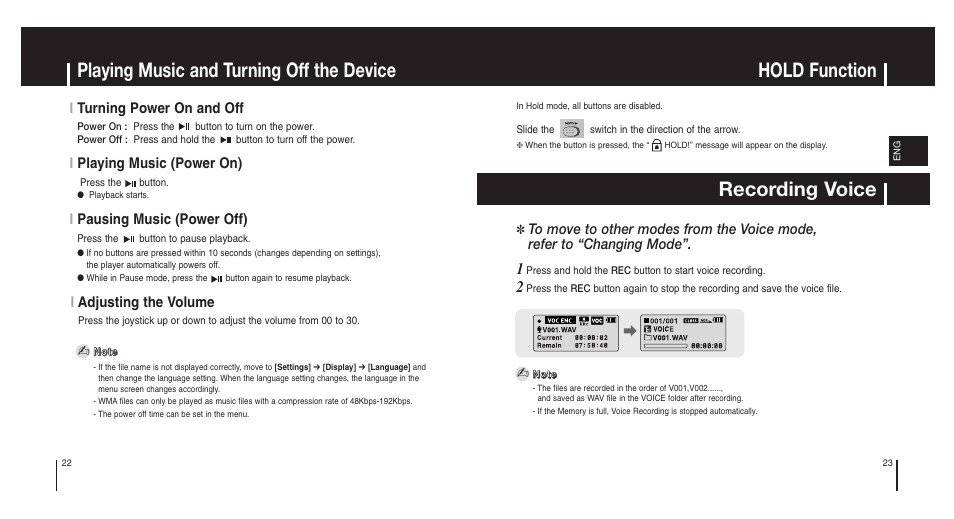 Basic usage, Playing music and turning off the device, Hold function | Recording voice, Iturning power on and off, Iadjusting the volume, Iplaying music (power on), Ipausing music (power off) | Samsung Model YP-MT6X User Manual | Page 12 / 25