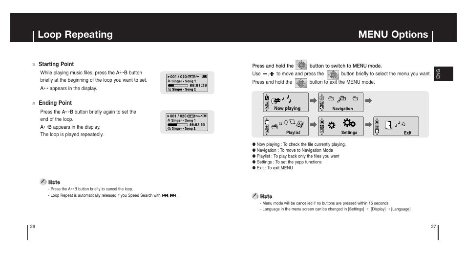 Additional usage, Loop repeating, Menu options | Samsung Model YP-MT6X User Manual | Page 14 / 25
