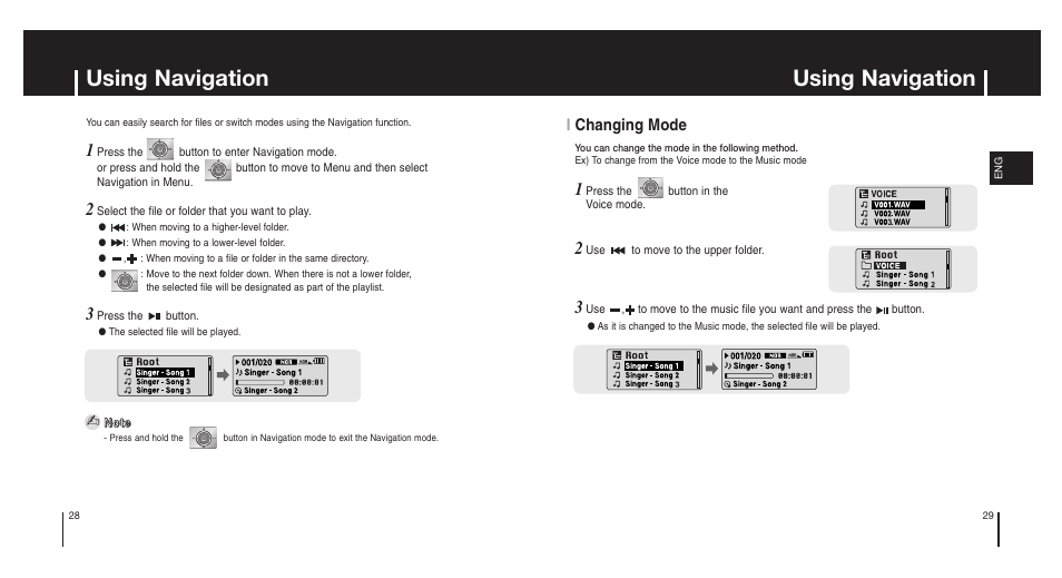 Using navigation, Ichanging mode | Samsung Model YP-MT6X User Manual | Page 15 / 25