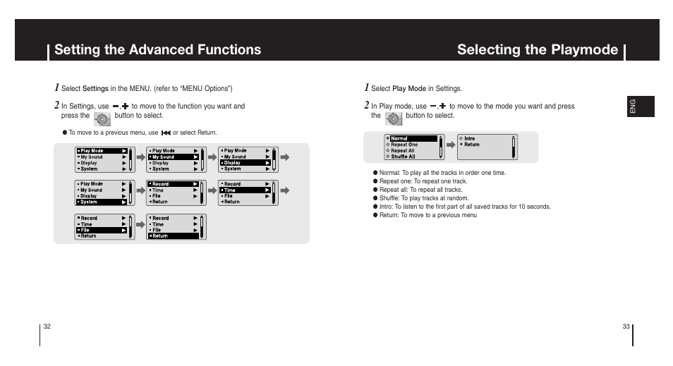 Setting the advanced functions, Selecting the playmode | Samsung Model YP-MT6X User Manual | Page 17 / 25