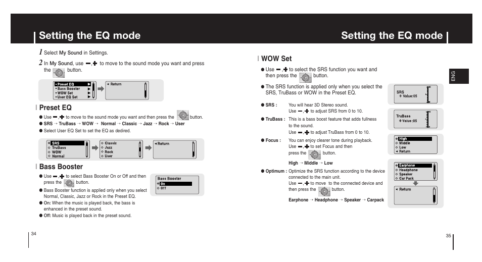 Setting the eq mode, Ipreset eq i wow set, Ibass booster | Samsung Model YP-MT6X User Manual | Page 18 / 25