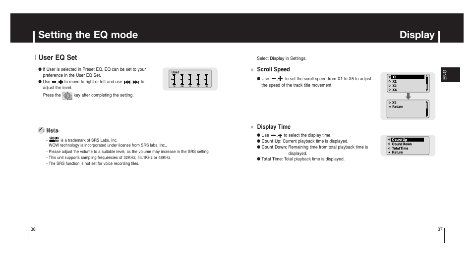 Display, Setting the eq mode, Iuser eq set | Samsung Model YP-MT6X User Manual | Page 19 / 25