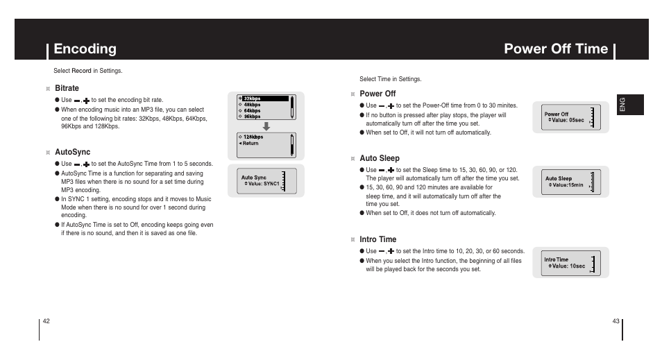 Encoding, Power off time | Samsung Model YP-MT6X User Manual | Page 22 / 25