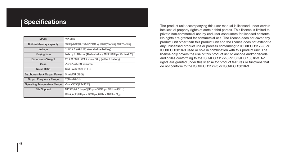 Specifications | Samsung Model YP-MT6X User Manual | Page 25 / 25