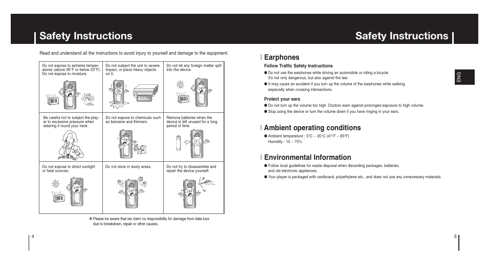 Preparations, Safety instructions, Iearphones | Iambient operating conditions, Ienvironmental information | Samsung Model YP-MT6X User Manual | Page 3 / 25