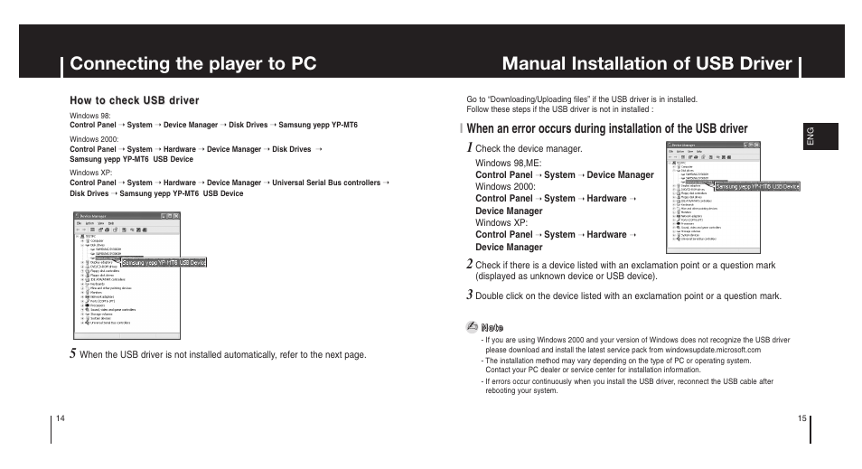 Manual installation of usb driver, Connecting the player to pc | Samsung Model YP-MT6X User Manual | Page 8 / 25