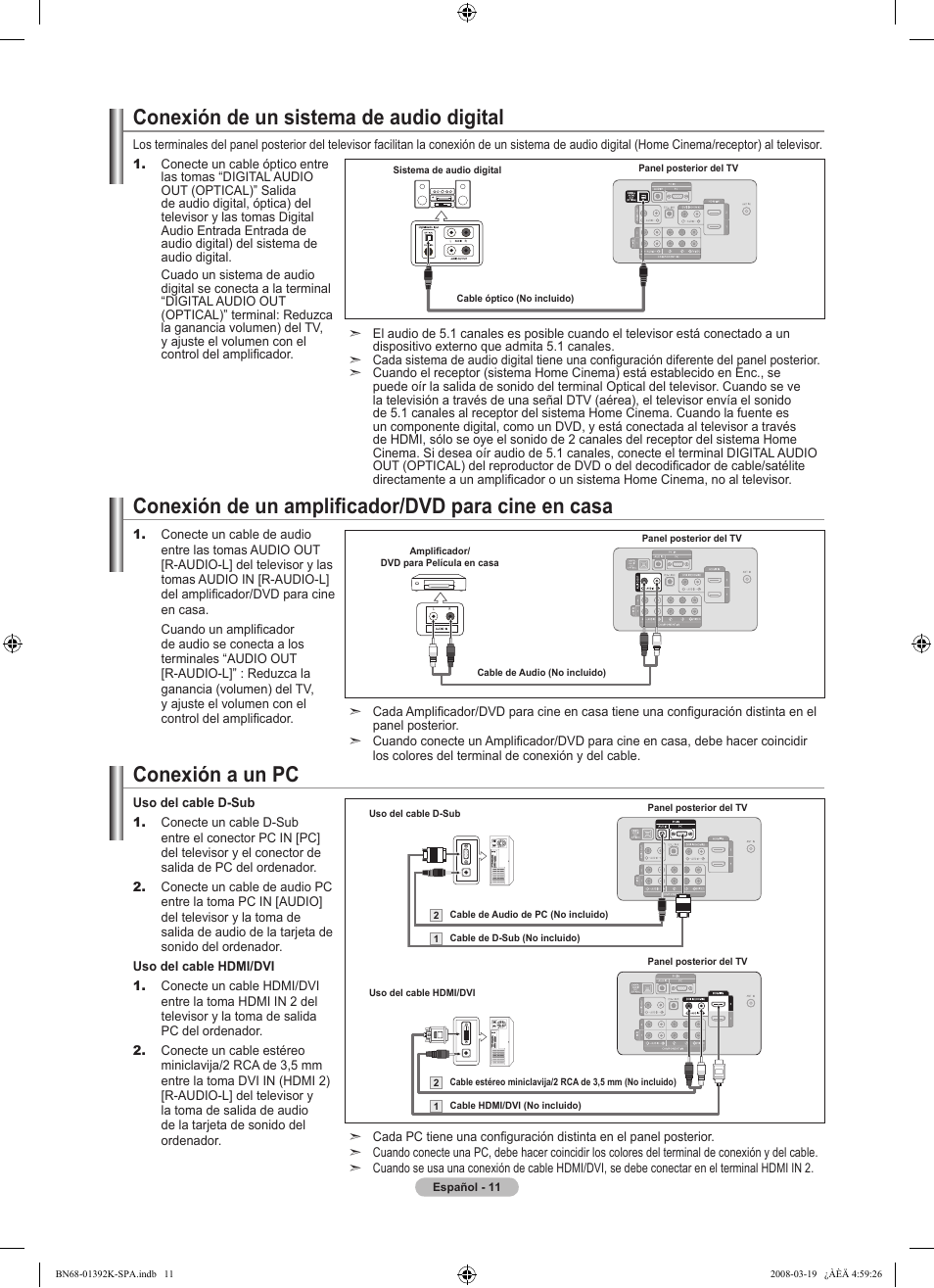 Conexión de un sistema de audio digital, Conexión de un amplificador/dvd para cine en casa, Conexión a un pc | Samsung 580 User Manual | Page 114 / 196