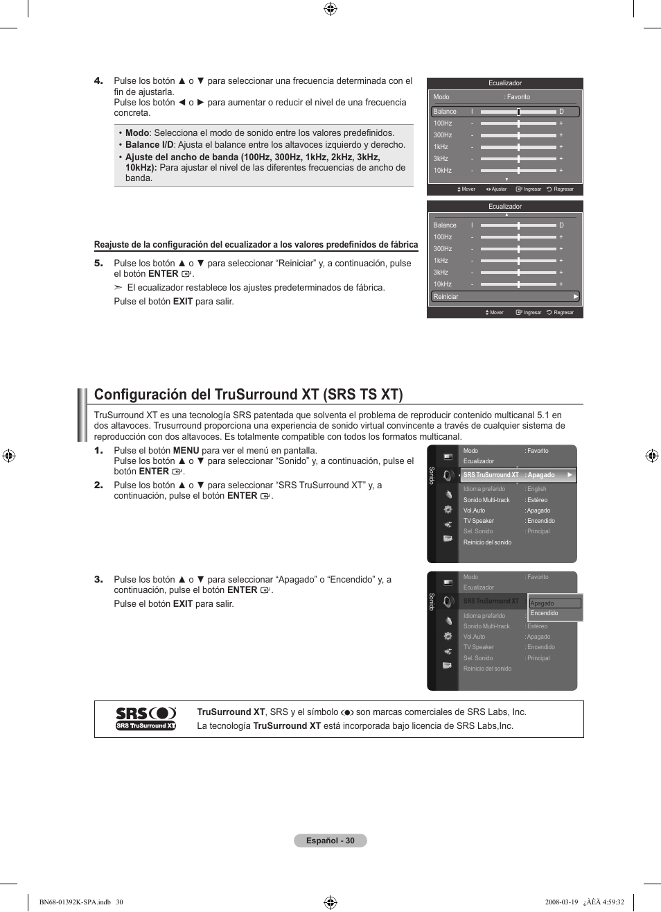 Configuración del trusurround xt (srs ts xt) | Samsung 580 User Manual | Page 133 / 196