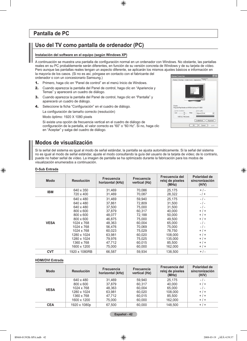 Uso del tv como pantalla de ordenador (pc), Pantalla de pc modos de visualización | Samsung 580 User Manual | Page 145 / 196