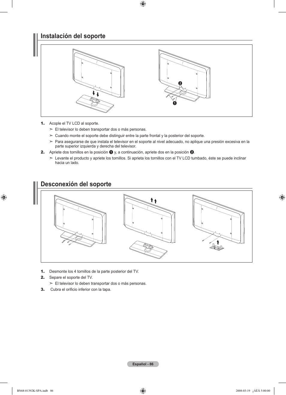 Instalación del soporte, Desconexión del soporte | Samsung 580 User Manual | Page 189 / 196