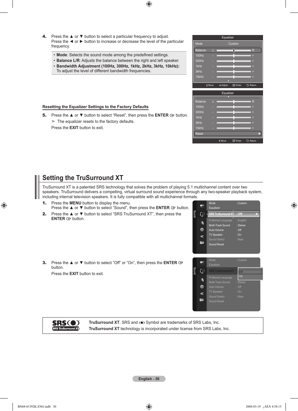 Setting the trusurround xt, Automatic volume control | Samsung 580 User Manual | Page 32 / 196