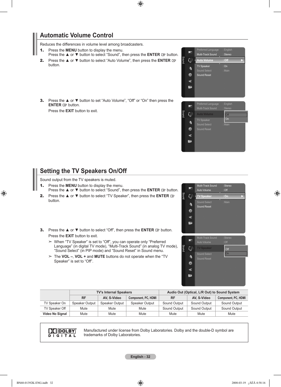 Automatic volume control, Setting the tv speakers on/off, Connecting headphones (sold separately) | Samsung 580 User Manual | Page 34 / 196