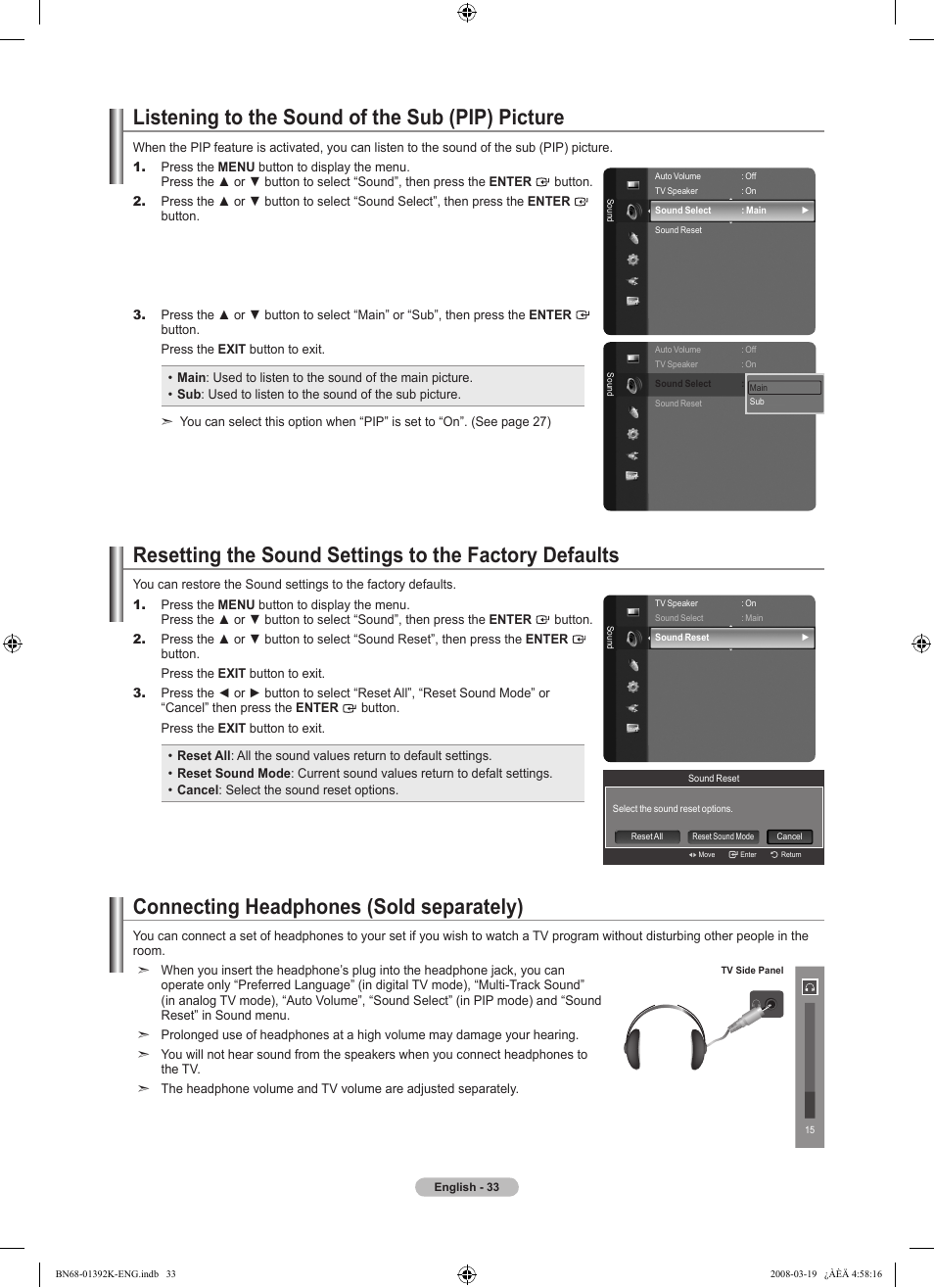 Listening to the sound of the sub (pip) picture, Connecting headphones (sold separately), Channel control | Samsung 580 User Manual | Page 35 / 196