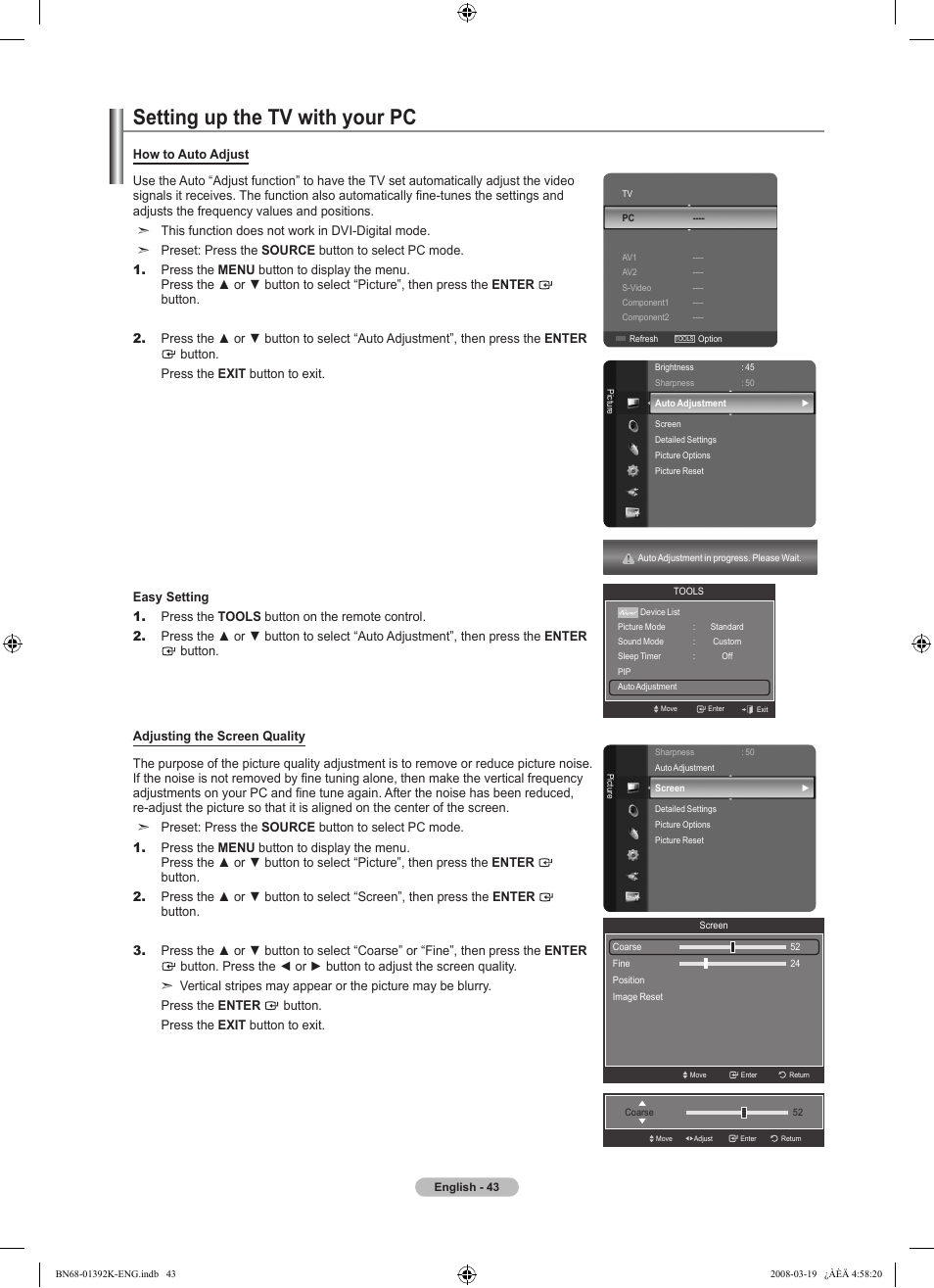 Setting up the tv with your pc | Samsung 580 User Manual | Page 45 / 196