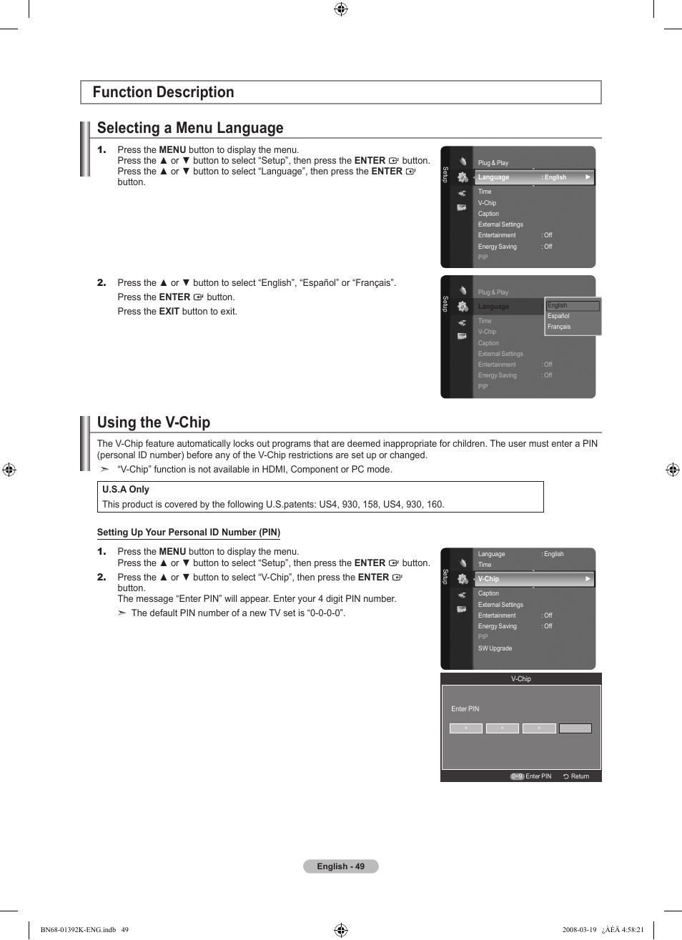 Function description, Selecting a menu language, Using the v-chip | Viewing closed captions (on-screen text messages), Analog, Function description using the v-chip | Samsung 580 User Manual | Page 51 / 196