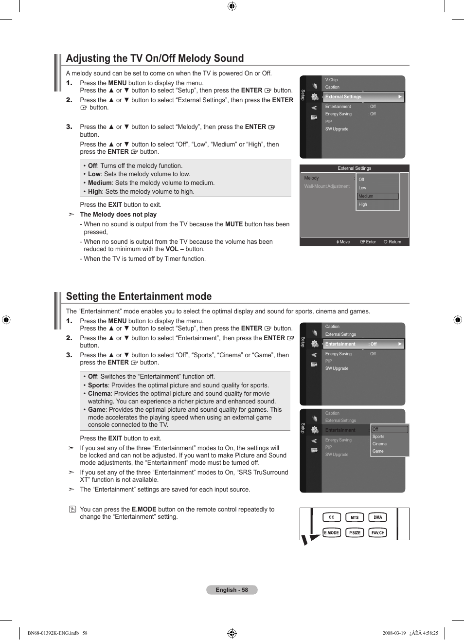 Adjusting the tv on/off melody sound, Setting the light effect, Upgrading the software | Setting the entertainment mode | Samsung 580 User Manual | Page 60 / 196