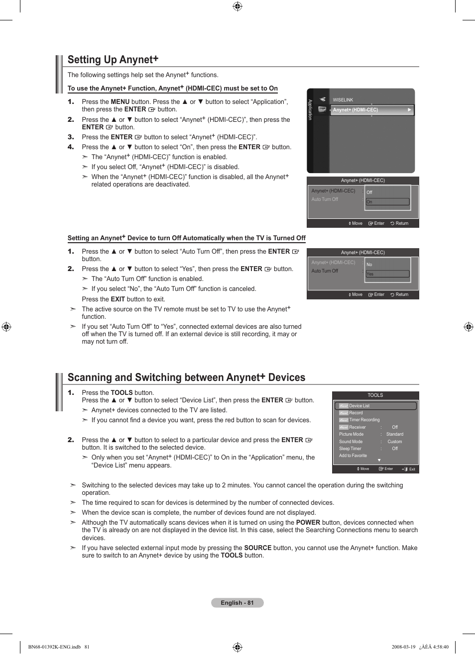 Setting up anynet, Scanning and switching between anynet+ devices | Samsung 580 User Manual | Page 83 / 196
