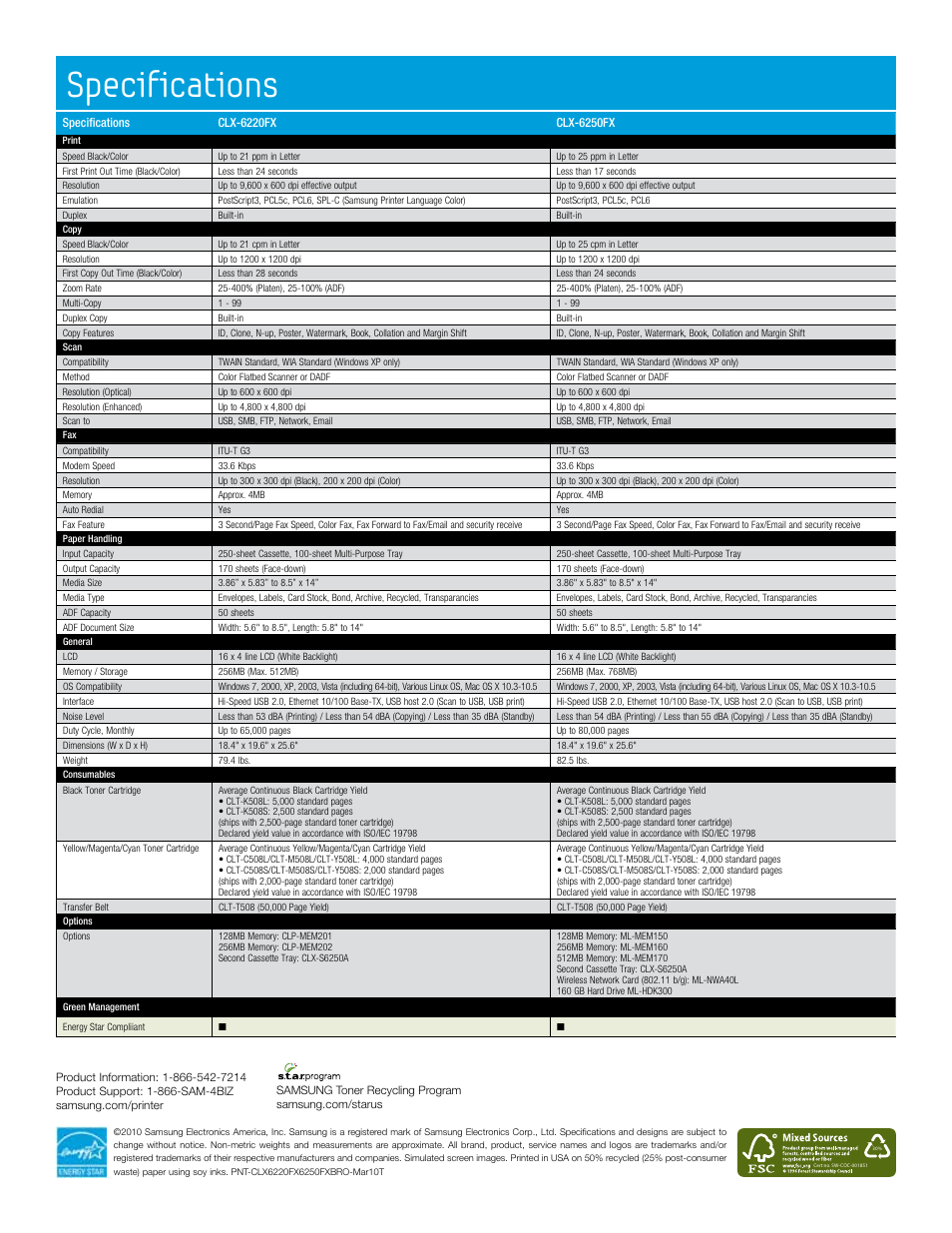 Specifications | Samsung CLX-6250FX User Manual | Page 2 / 6