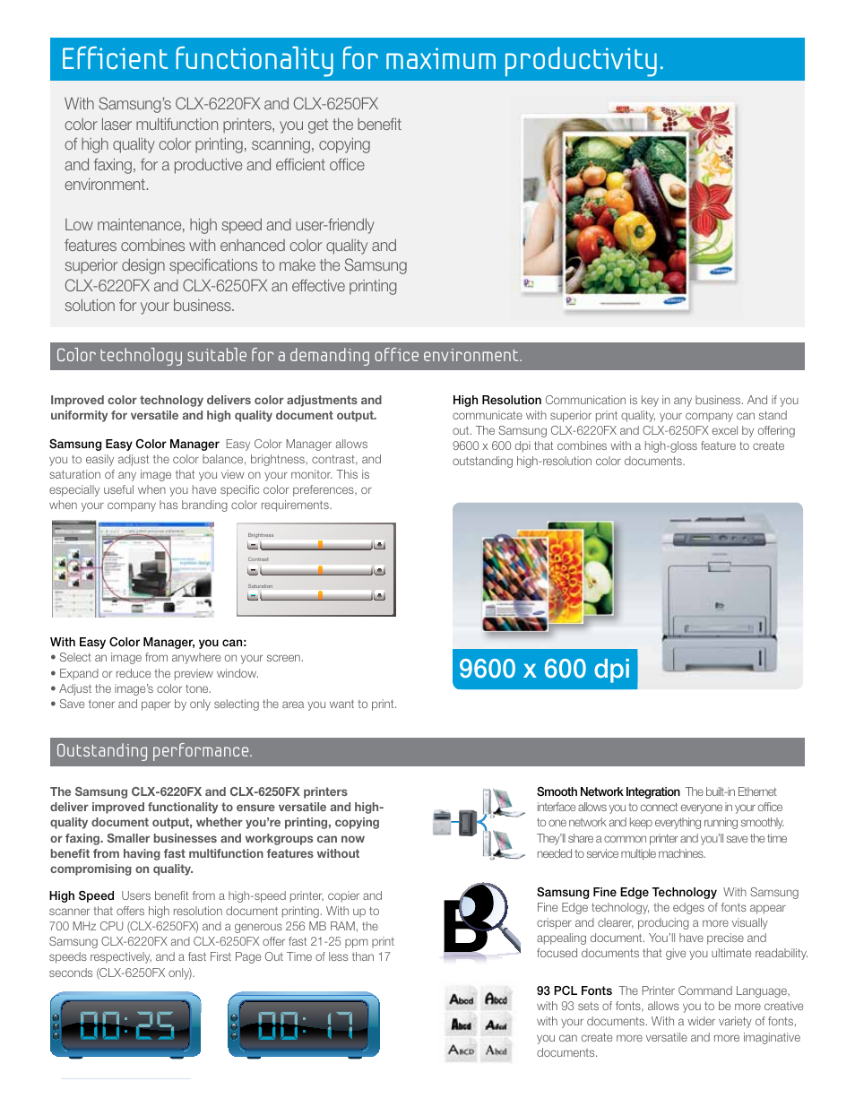 Efficient functionality for maximum productivity, Outstanding performance | Samsung CLX-6250FX User Manual | Page 4 / 6