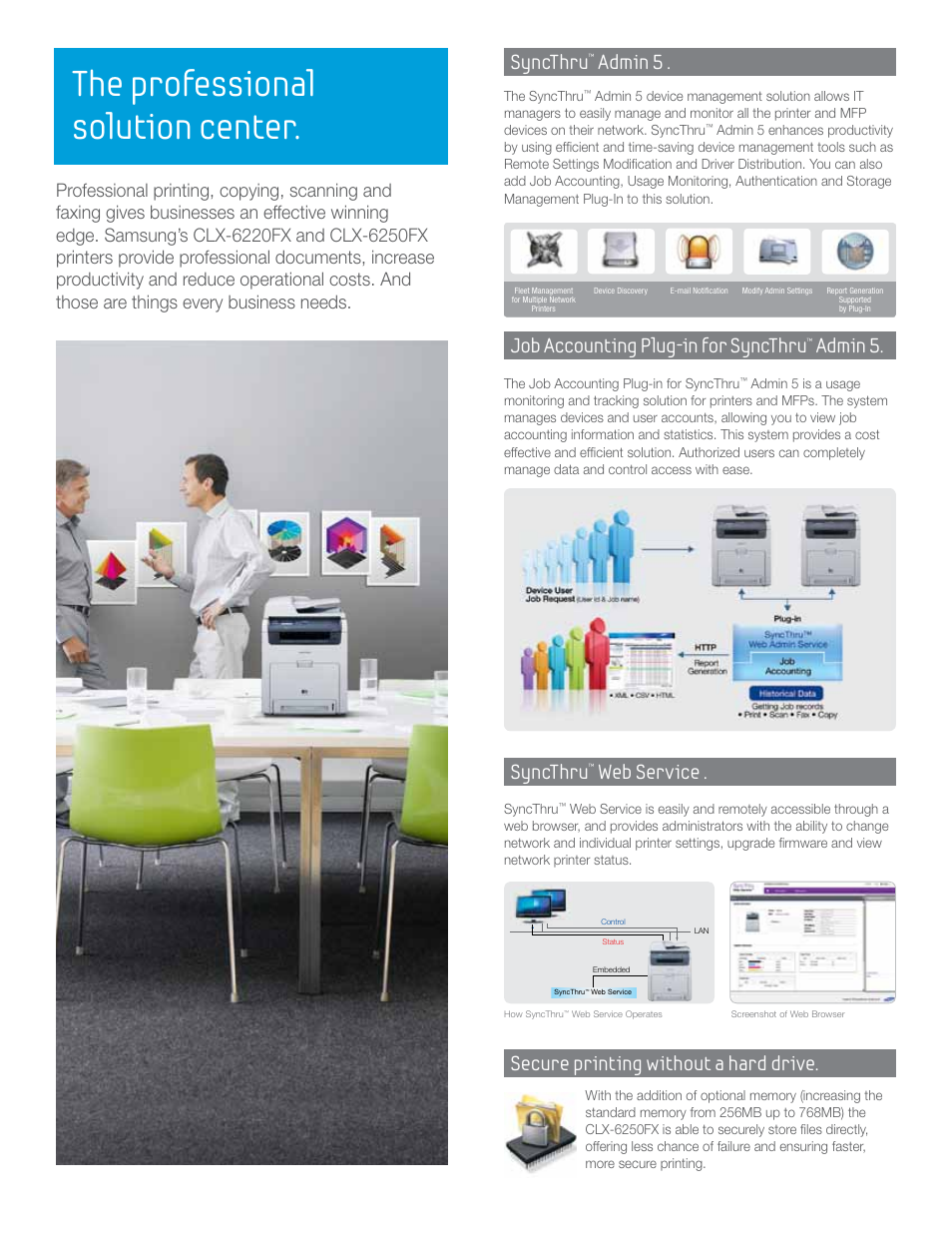 The professional solution center, Syncthru, Admin 5 . job accounting plug-in for syncthru | Admin 5. syncthru, Web service, Secure printing without a hard drive | Samsung CLX-6250FX User Manual | Page 6 / 6