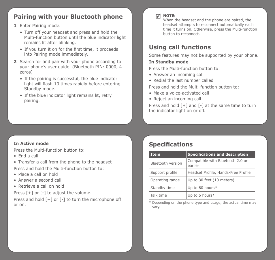 Pairing with your bluetooth phone, Using call functions, Specifications | Samsung WEP301 Silver User Manual | Page 2 / 2
