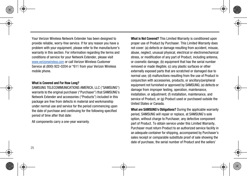 Section 6: warranty information, Standard limited warranty | Verizon Network Extender User Manual | Page 27 / 66