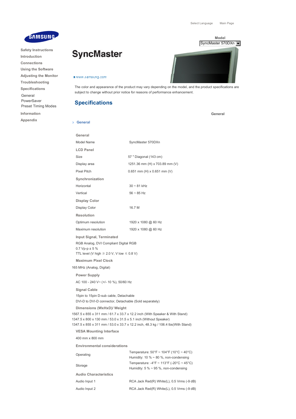 Specifications, General | Samsung 570DXN User Manual | Page 153 / 164